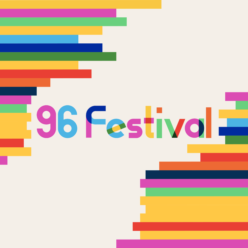 An illustration that reads 96 Festival in a multi-coloured design similar to a rainbow