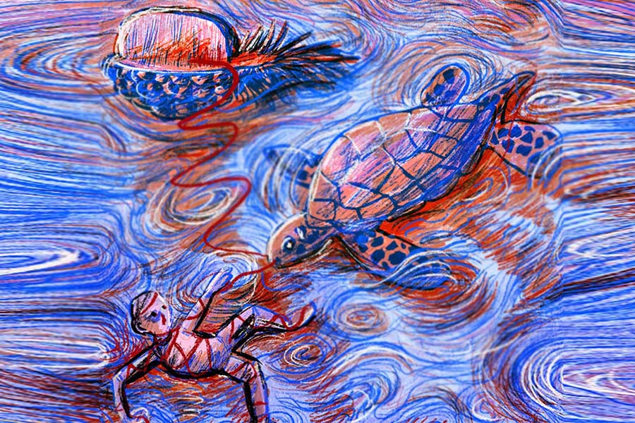 A bright hand-drawn illustration portraying a sea turtle swimming down towards a man and a halved pineapple floating on the surface