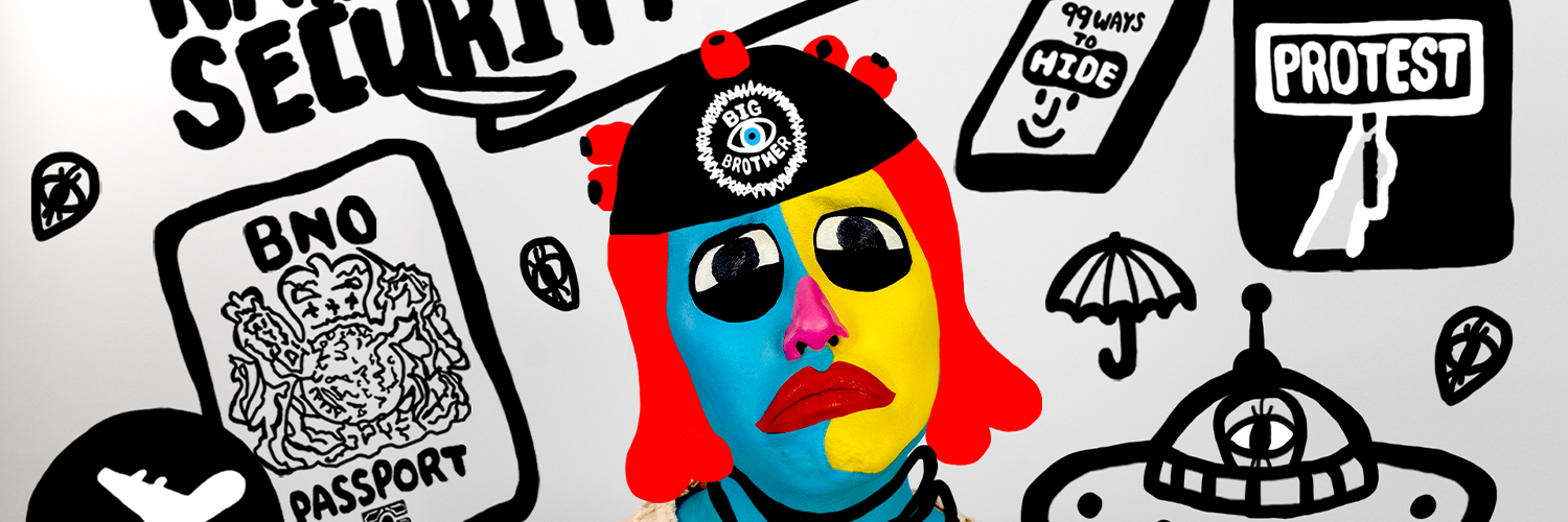 A digital illustration of a clown-like figure painted in bright colors but looking sad. The backgroun includes an illustration of a BNO Passport, an airplane, and large text that reads National Security