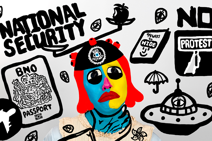 A digital illustration of a clown-like figure painted in bright colors but looking sad. The backgroun includes an illustration of a BNO Passport, an airplane, and large text that reads National Security