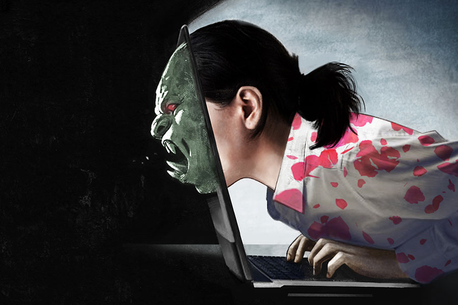 A drawing of a woman leaning forward into a computer screen with a monster face coming out on the other side of the screen