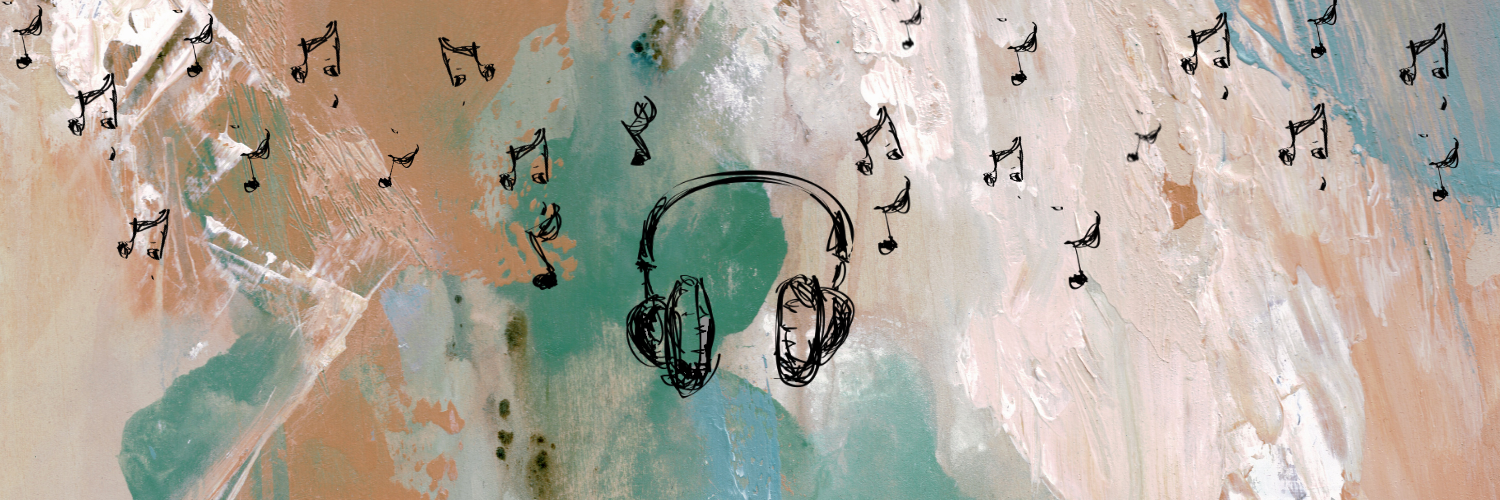 An illustration of headphones with music notes flying around them on an abstract blue and beige painted background