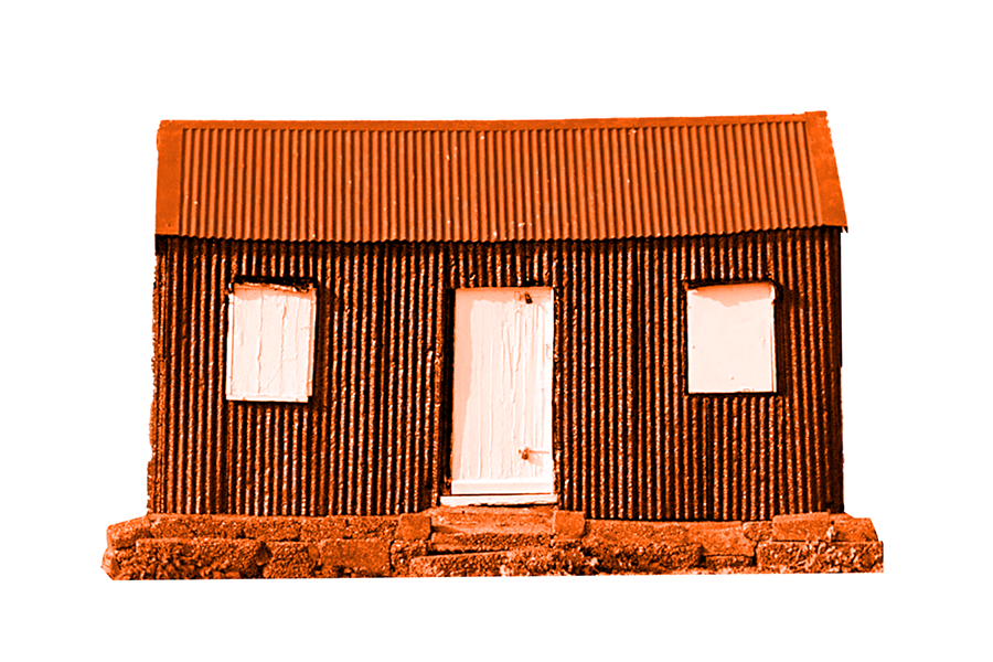 An orange illustration of a small house/shed