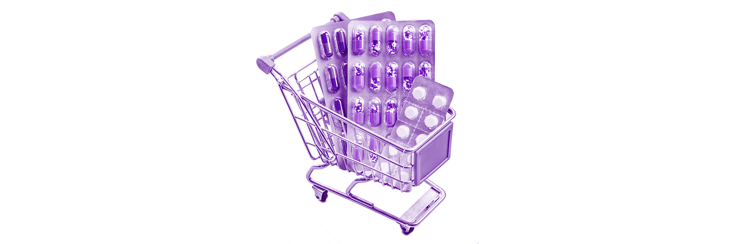 A purple illustration of a shopping cart full of pills