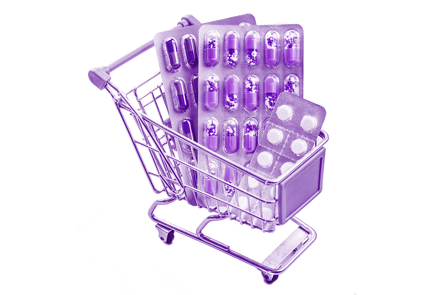 A purple illustration of a shopping cart full of pills