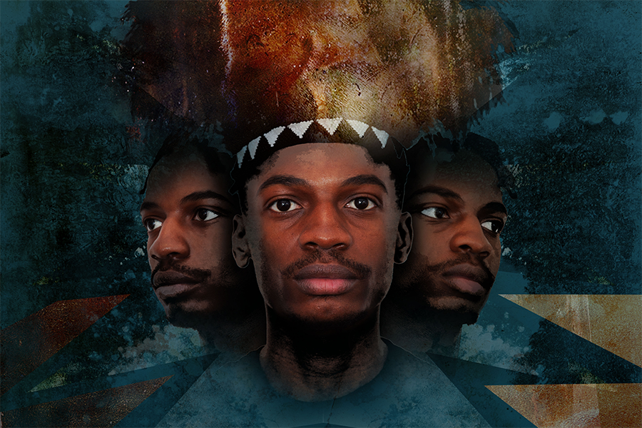 An abstract composition with a close up on a Black man looking left, right, and forward wearing a golden headgear on a muted blue background with a misty overlay.