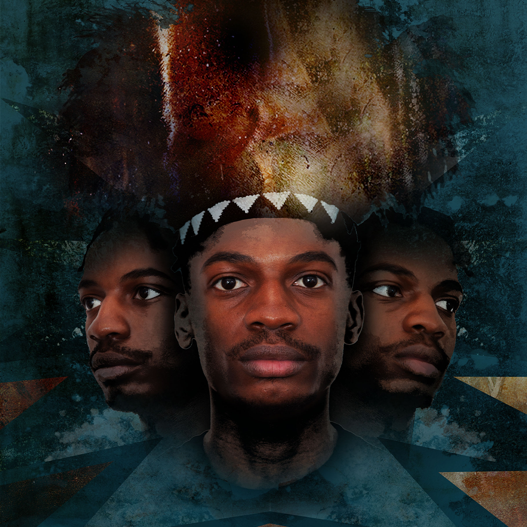 An abstract composition with a close up on a Black man looking left, right, and forward wearing a golden headgear on a muted blue background with a misty overlay.
