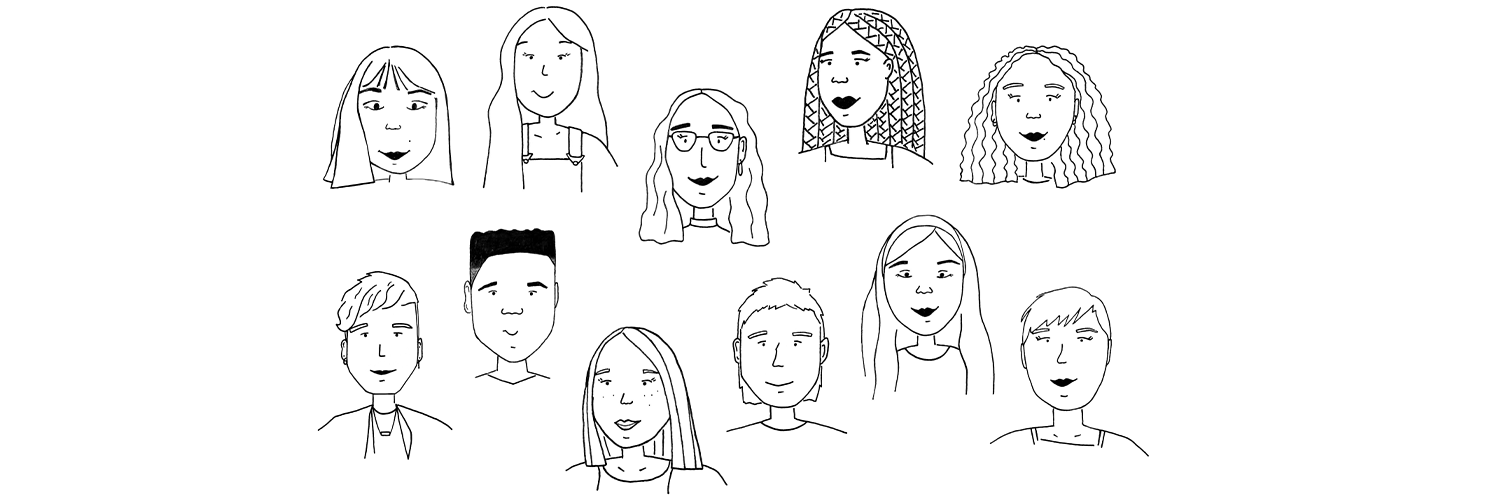 Black and white line portrait illustrations of several young people
