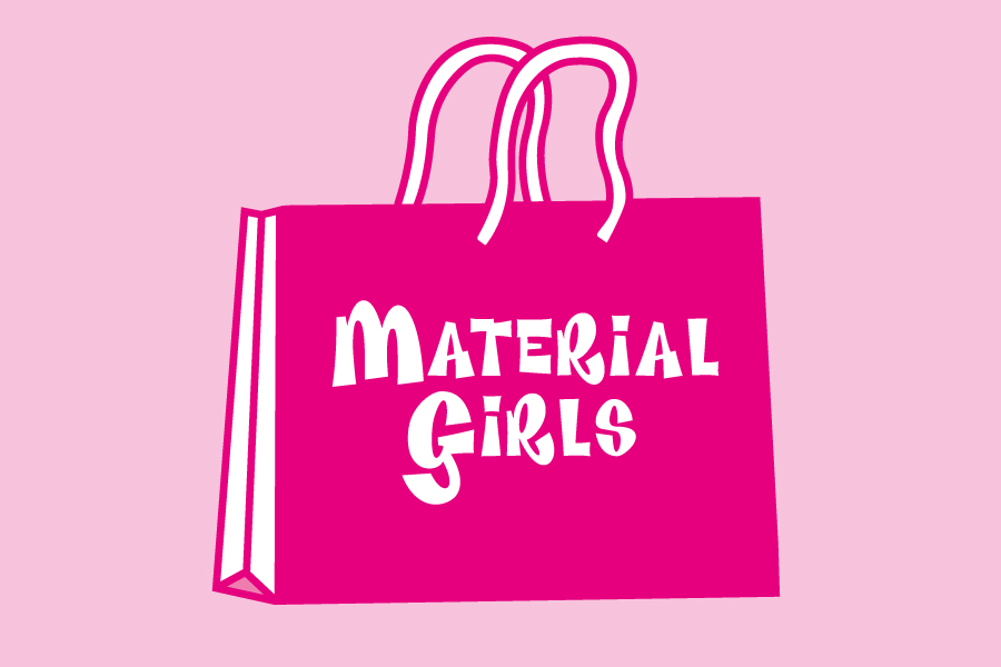 A cartoon pink handbag sits centred with 'Material Girls' written across it in white, playful bubble text. Promoting a stand up comedy night.