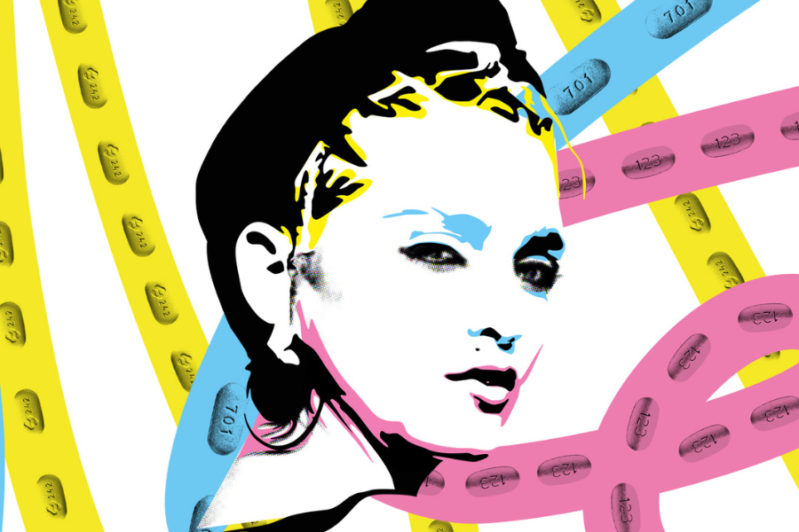 A pop-art style illustration of a young woman wearing hoop earrings behind a background of yellow, pink and blue strips of pills. Inspired by the Queen of Pop herself... Madonna.