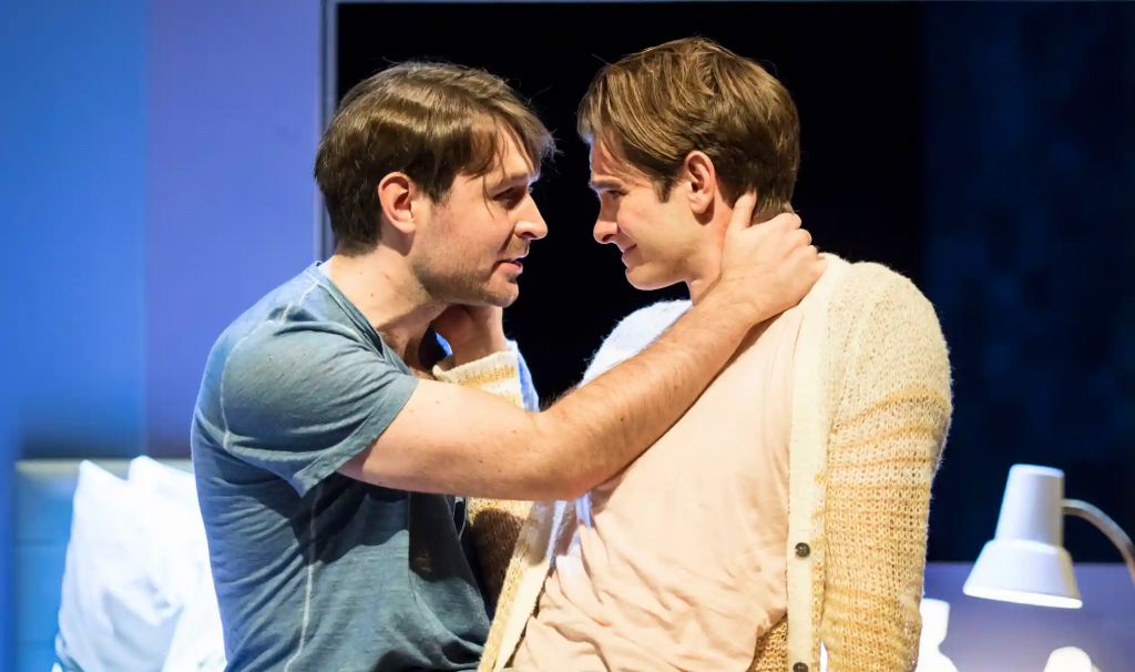 James McArdle, left, and Andrew Garfield play New York couple Louis and Prior, whose relationship is rocked when Prior discovers he has Aids. All photographs: Helen Maybanks. Used for blog about LGBT+ History Month at Omnibus Theatre.