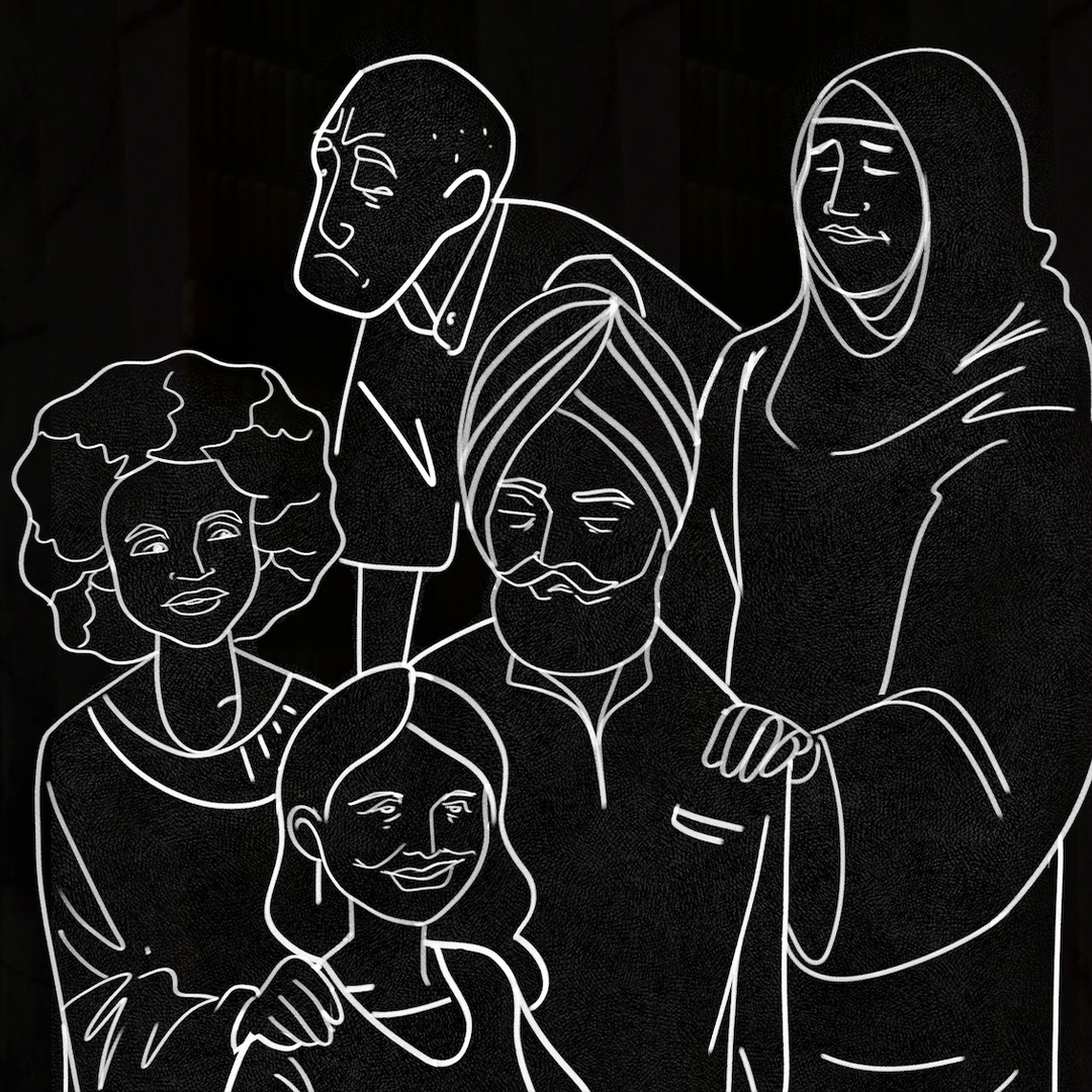 A white outline sketch of a family on top of a black background, beside a window frame. Lead artwork for breaDth, a drama based on true experiences of the pandemic.