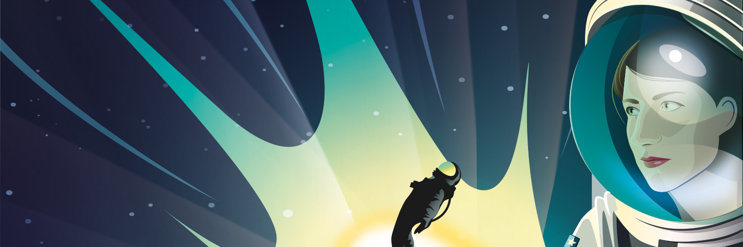 An illustration of an astronaut looking at a bright flashing light in the background where another astronaut is suspended mid-air