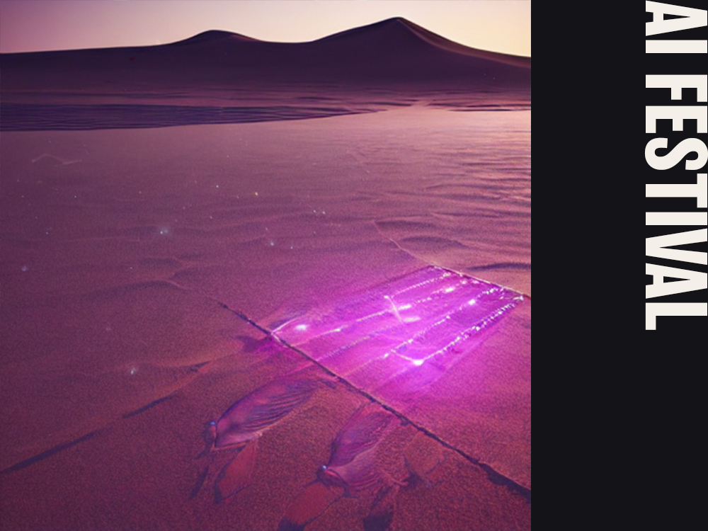 An artifical intelligence generated image of a mountains and desert with neon pink oddly shaped footprints in. For artificial intelligence theatre festival AI Festival..