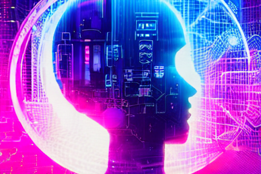 AI Generated image of a profile of a robotic face, representing an AI voice assistant, against a neon blue and pink background.