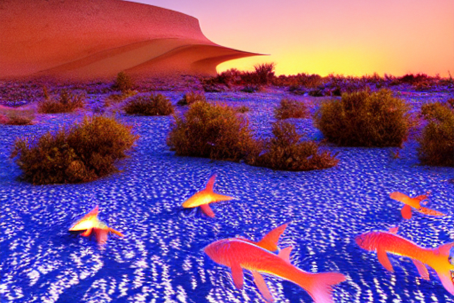 AI Generated image of a outer-galactic landscape, with sand, coral and orange fish swimming in front of an orange skyline. Lead artwork for Fish Eye, a play about morality and sexuality.