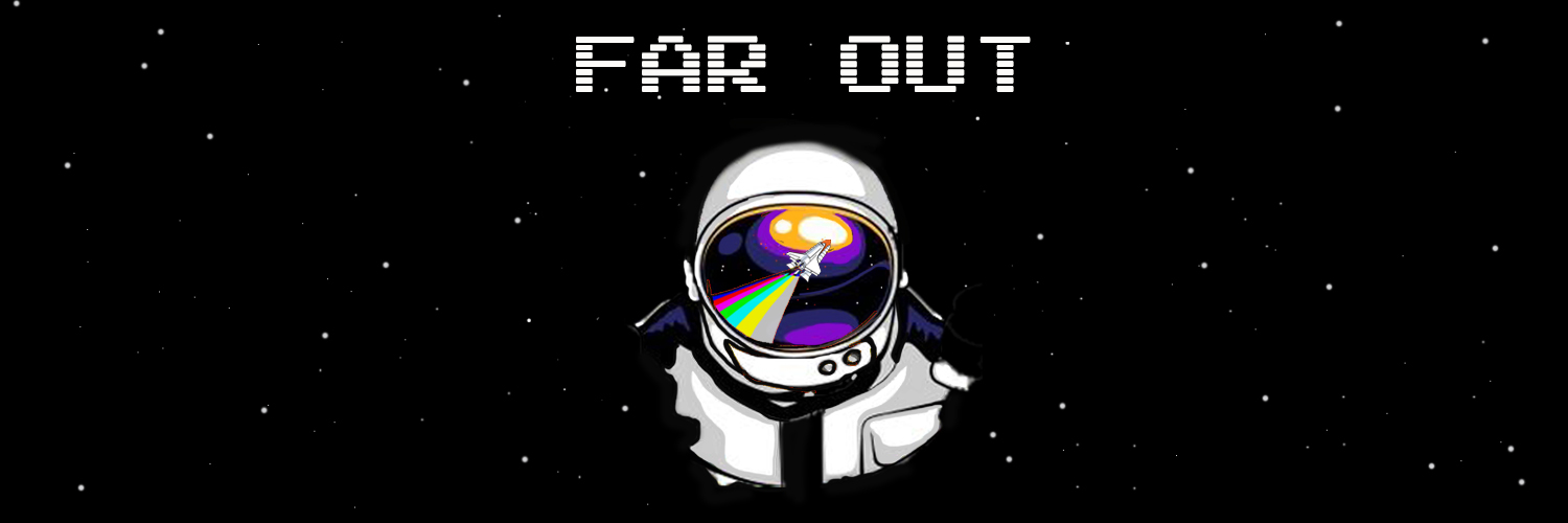 A high-contrast illustration of a astronaut on a black background with a rocket ship and a rainbow reflected on their helmet