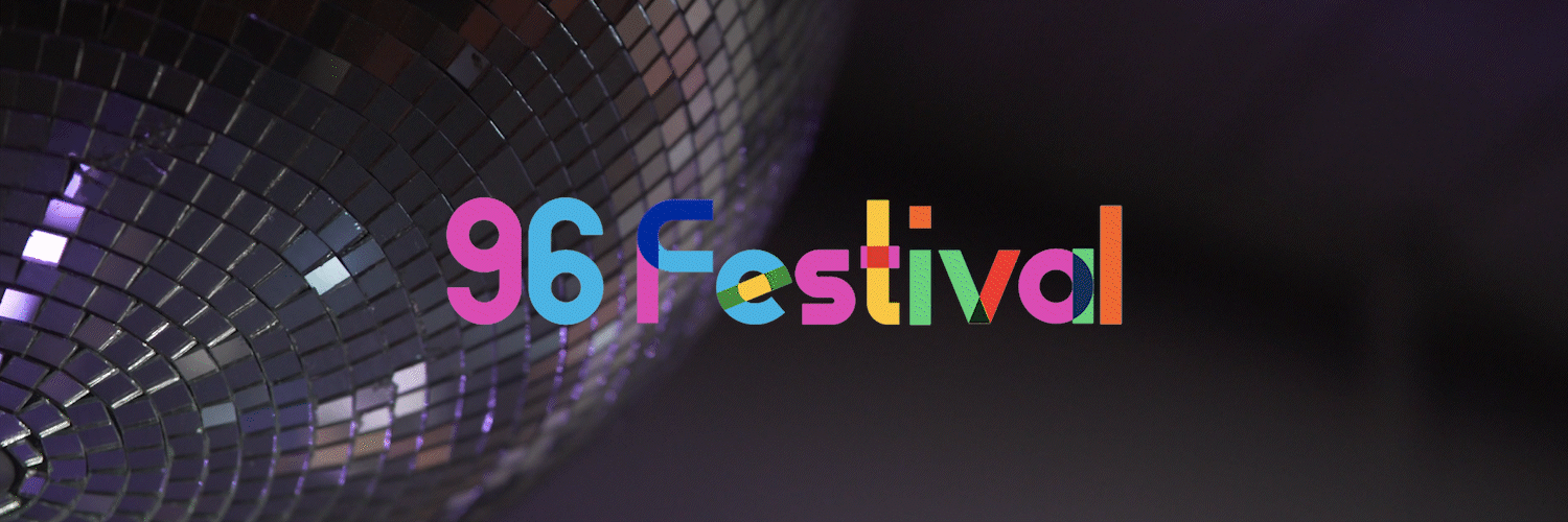 96 festival logo with a shimmering disco ball behind it