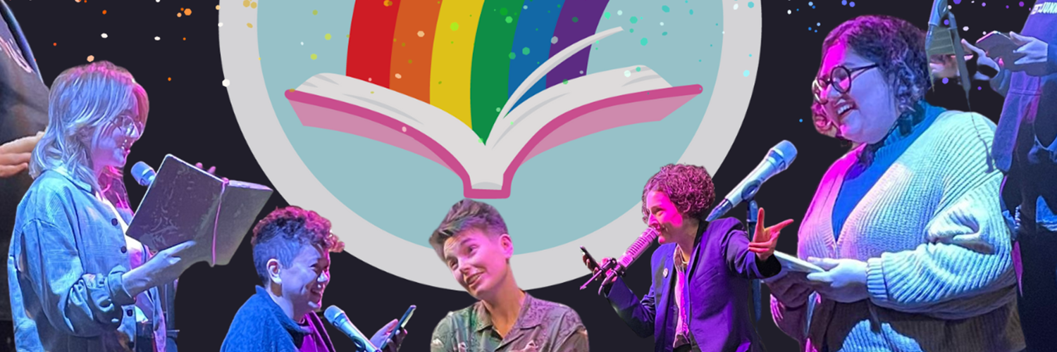A scrapbook image of previous open mic performers with the background of raining rainbow confetti and an open book with a rainbow