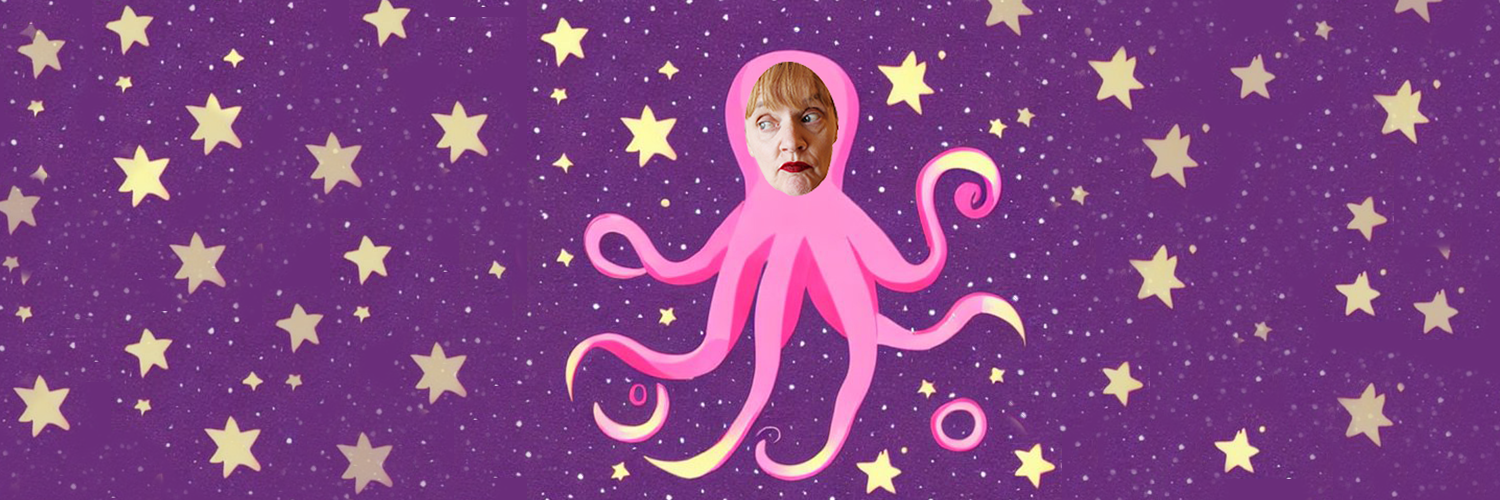 A woman's face pops out from a pink cartoon octopus amongst a purple background with yellow stars