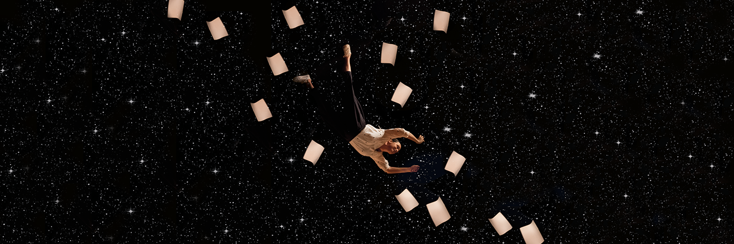 A woman falling through the night sky surrounded by pages of paper