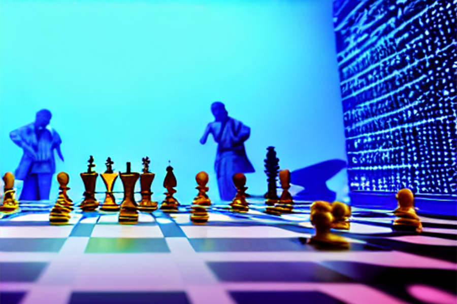 AI generated image of a chessboard in a pink and blue space-age.