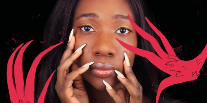 A black woman holds her long acrylic nails around her face with the illustrations of red pointed hands reaching out towards her