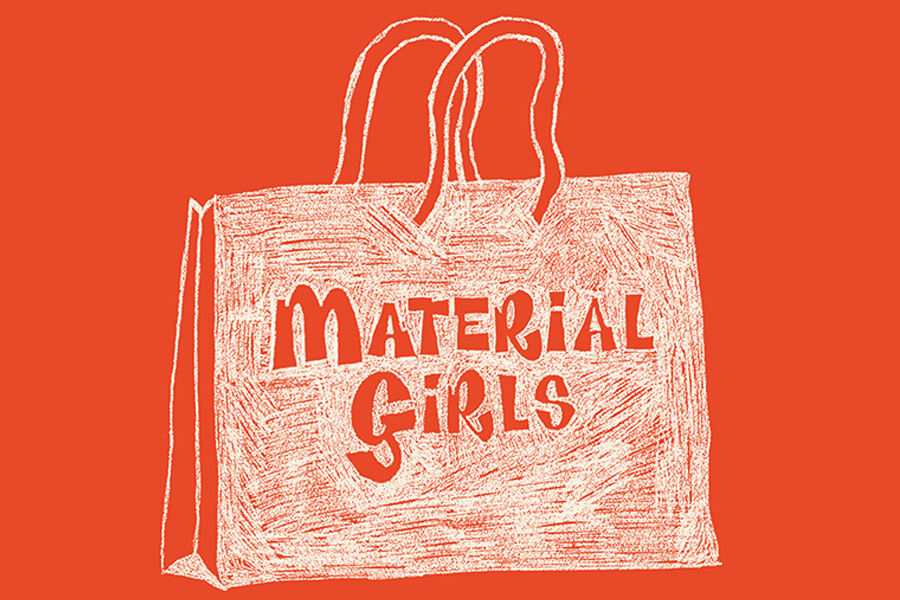 A doodle of a white shopping bag on a red background with the title Material Girls