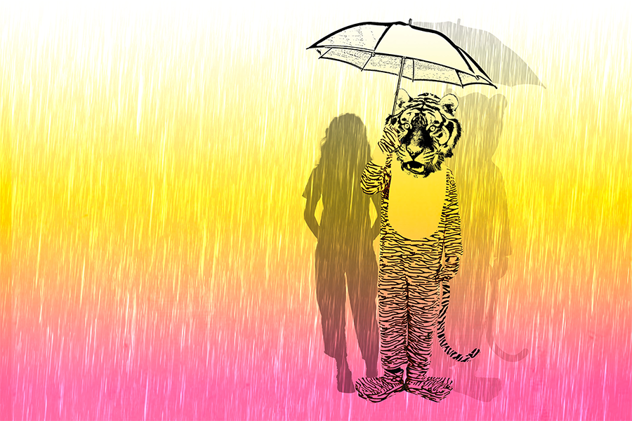 A cartoon of a tiger standing in the rain holding an umbrella, behind the tiger is a shadow of a girl.