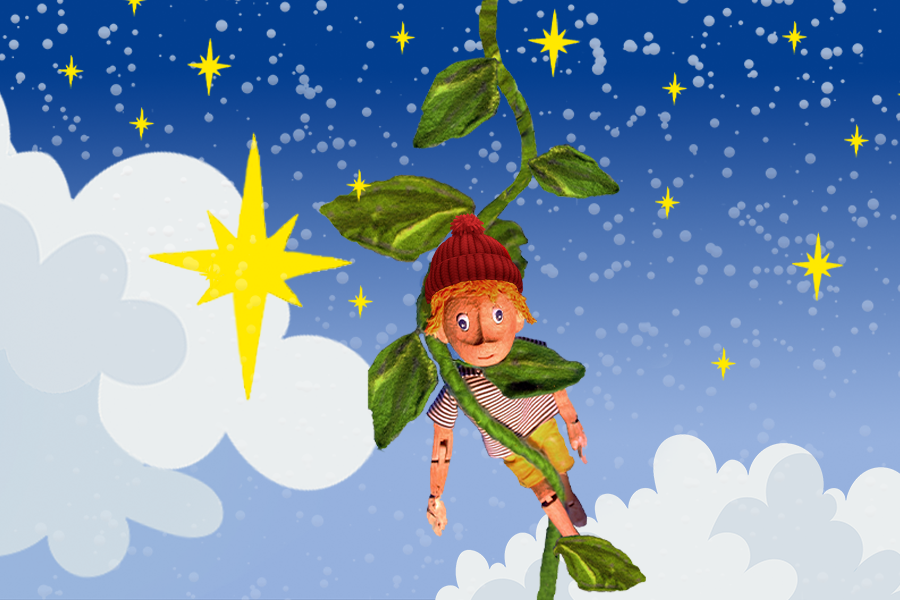 Jack and the beans talk. A puppet jack is climbing the beanstalk amongst the blue starry night sky and clouds.