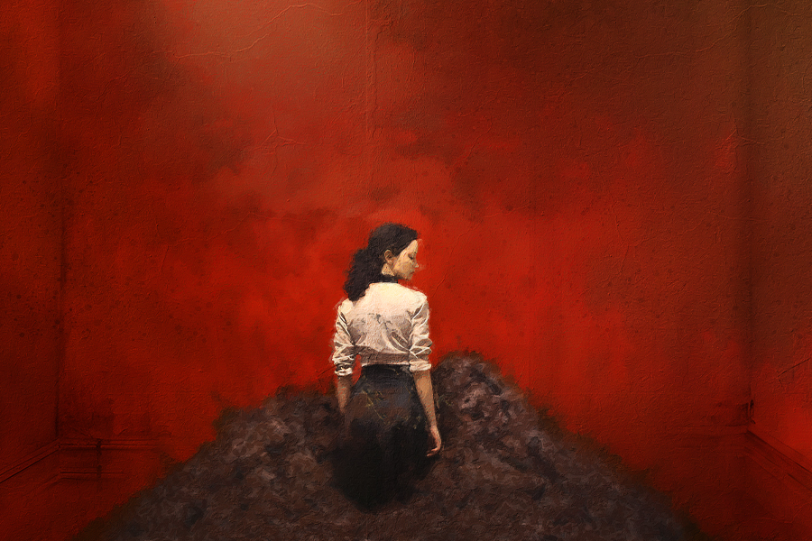 An oil painting of a woman looking over her shoulder wearing a white shirt, the background is red and in front of her is a mound of dirt