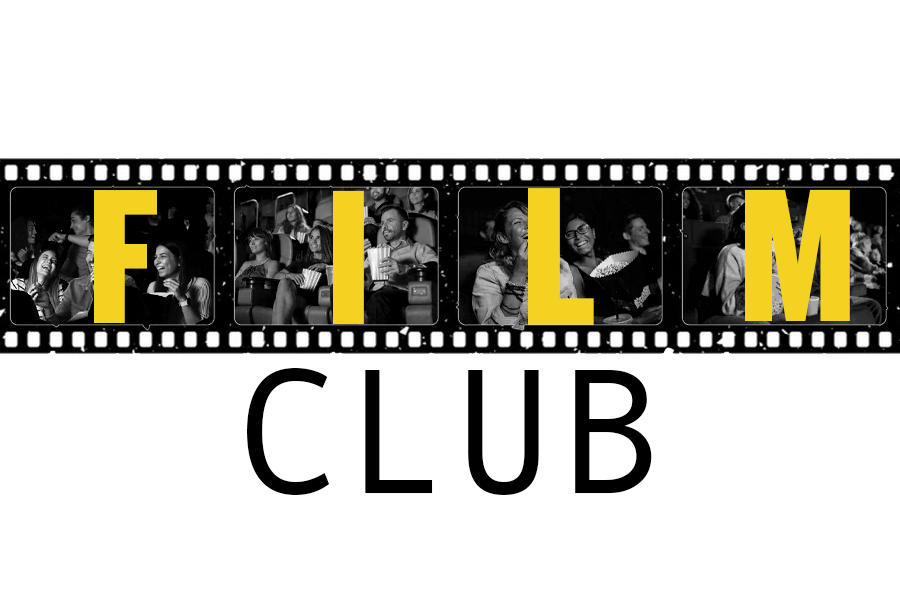 The word 'FILM' presented in yellow letters, against a reel of black and white flm. Underneath, the word CLUB in black letters against white.