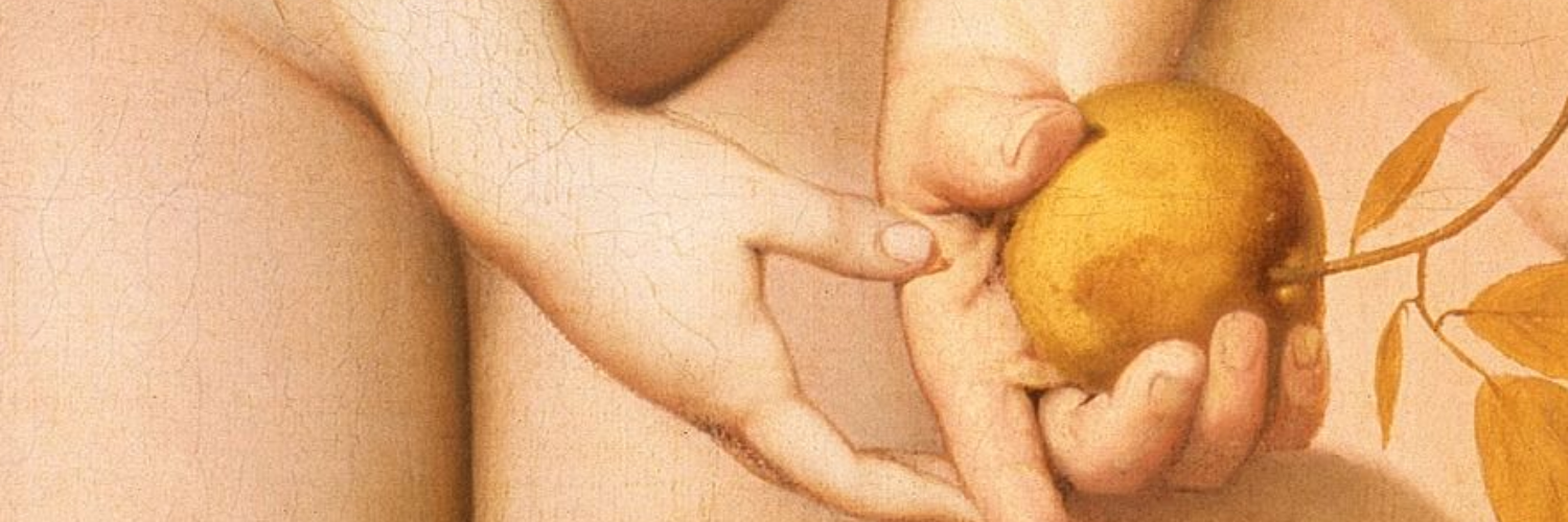A painting of a nude woman holding an apple.