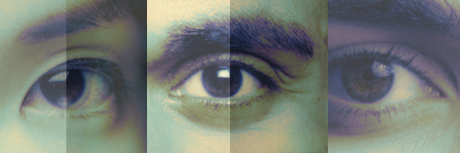 A collage of 3 different people's eyes in a green wash