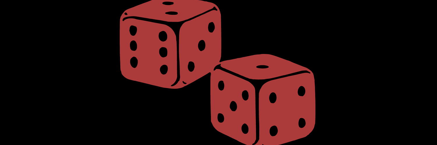 A black background with a print of red dice