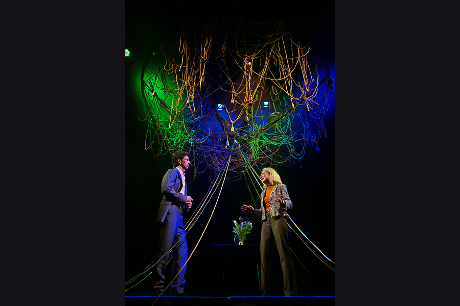 A man and a woman stand opposite one another on stage, above them is structure made of cables and wires hanging from the ceiling, some of the wires trail down to the floor. Behind the woman is a table with a vase holding some flowers.