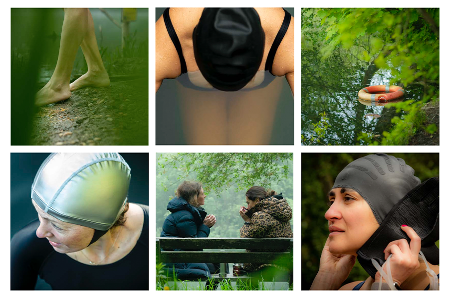 A grid made up of six photographs. The first image is of bare feet walking through water. The second image is of the top of a female swimmers head. She has on a black swimming hat a black swimming suit. The third image is of a lifebuoy ring in the water surrounded by trees. The fourth image is the side view of a female swimmer taken from above. She is wearing a silver swimming hat. The fifth image shows two women in winter coats, holding cups and conversing while sitting on a bench. The final image is of the side profile of a female swimmer. The is looking off to the left of the frame. She holds up swimming gloves to her ears.