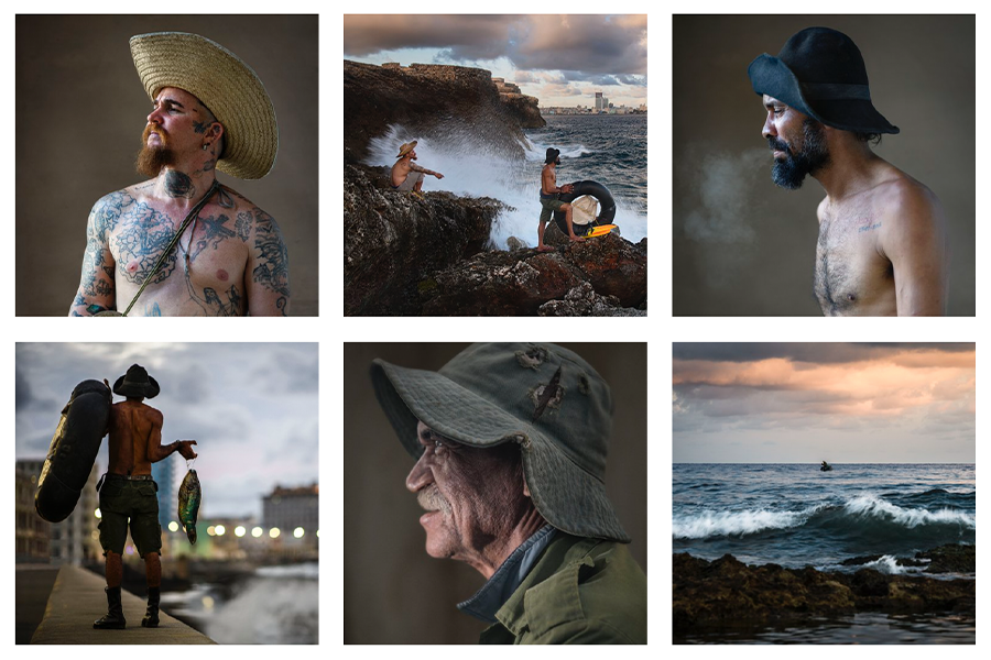 6 separate images arranged in a grid. The first is of a shirtless man covered in tattoos with a straw hat on, he is looking off to the side. The second image is of two men stood on rocks overlooking a rough sea. The third image is of a man's side profile, he is wearing a black hat and is exhaling smoke from his mouth. The fourth image is a full view of a man from behind, he is holding a rubber ring and a fish on a fishing line. The fifth image is the side profile of a man wearing a fisherman's hat. The sixth image is a view of waves in the ocean.