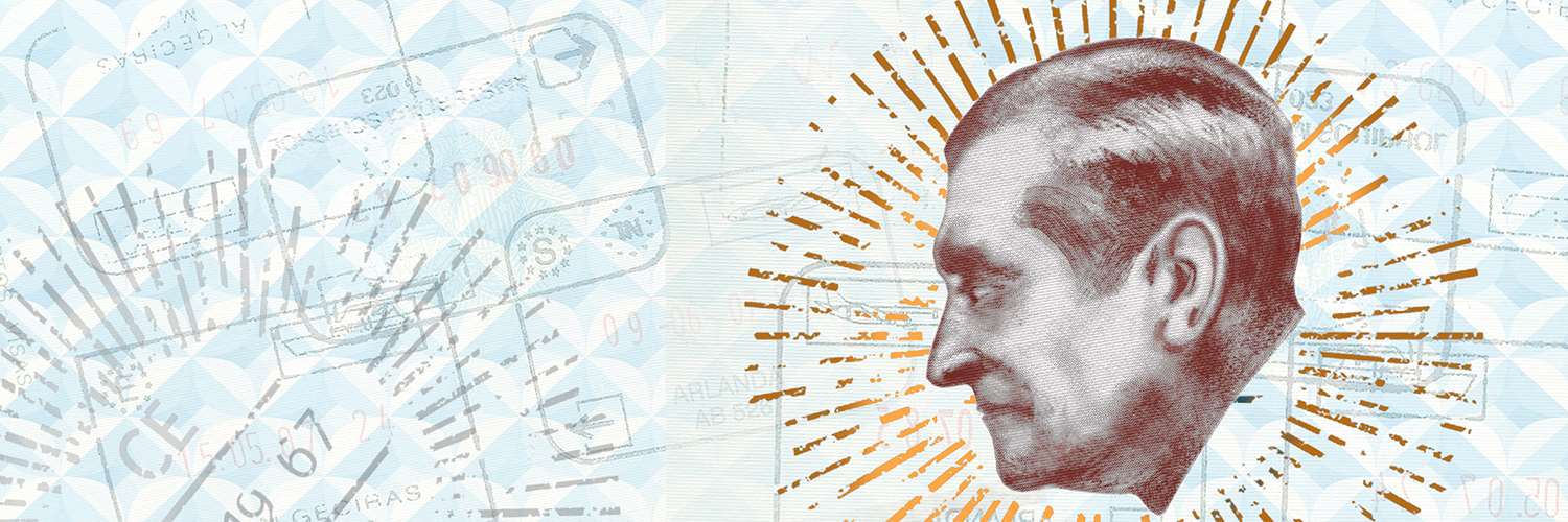 An image of the profile of a man's face. A collage of passport stamps are behind him.